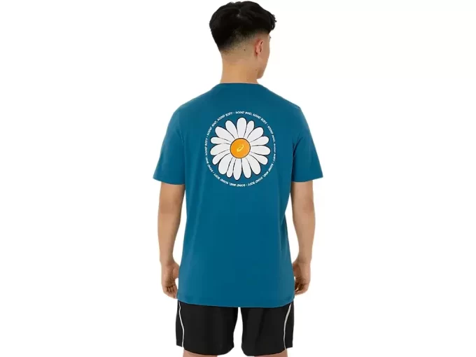 CAMISETA UNISEX ASICS DE MANGA CORTA CON ESTAMPADO DE MARGARITAS EN LA ESPALDA